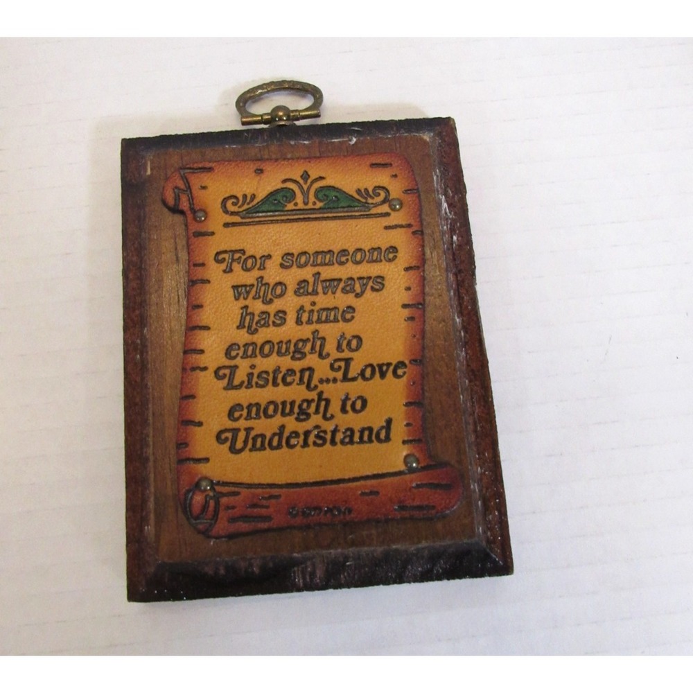 Vintage 1977 Wood Wall Plaque Inspirational Quote Love Time to Listen 70s Retro